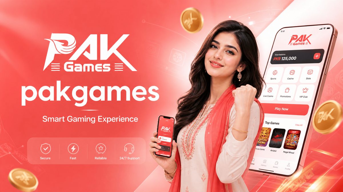 Pak Games homepage banner with the logo, a woman holding a phone, and a large phone showing the app screen