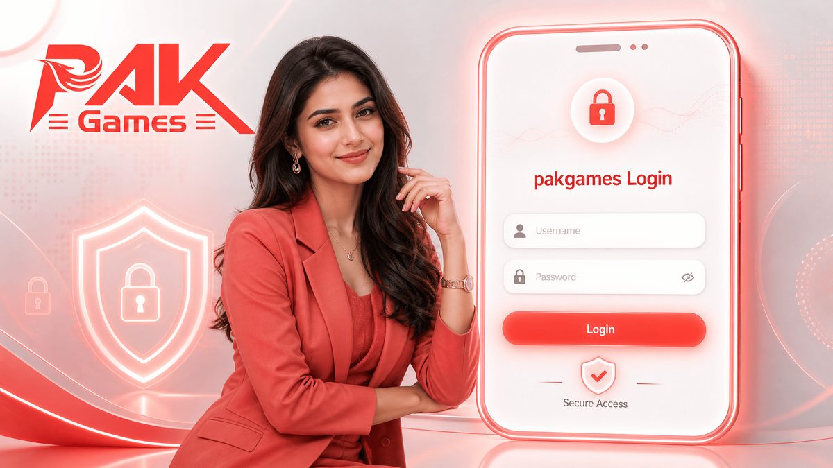 Pak Games login banner with a shield icon and a phone showing username and password fields